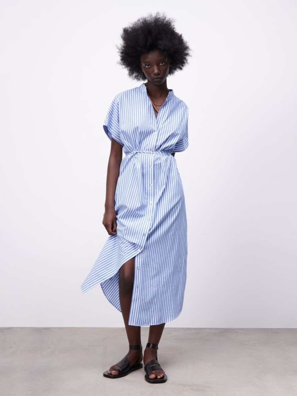 Zara | Blue & White Striped Button Up Midi Dress
